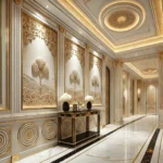 dall·e 2024 11 23 22.41.01 a high end interior hallway featuring elegant decorative foam wall panels with intricate beige and gold designs. the walls are highlighted with luxuri